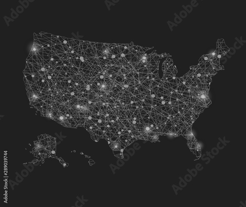 Black and white map of United States map of America with glowing points. stock illustration