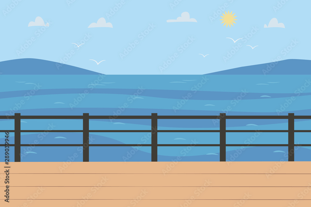 Sea Landscape in sunny weather. Horizontal Background with seascape scenic view, quay or seafront, sky