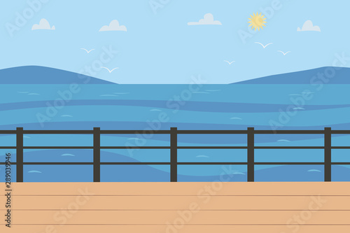 Sea Landscape in sunny weather. Horizontal Background with seascape scenic view, quay or seafront, sky