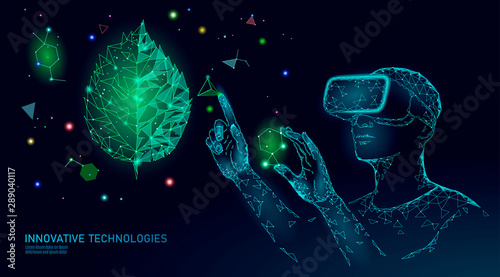 DNA evolution modern engineering technology. Augmented reality helmet vr glasses. Ecology nature gene innovation concept. GMO gene engineering plant organic science medical vector illustration