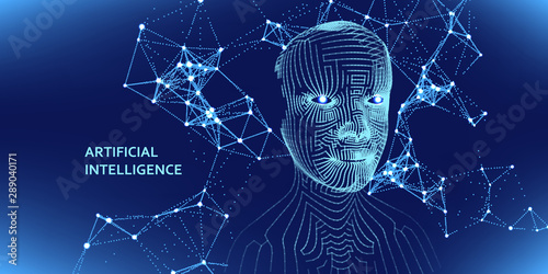 Artificial intelligence concept. Abstract digital 3d grid human face. Vector illustration.