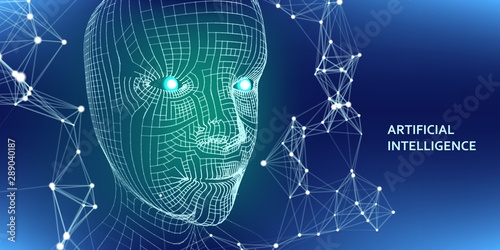 3d wireframe head. Artificial intelligence concept. Abstract digital grid human face. Vector illustration.
