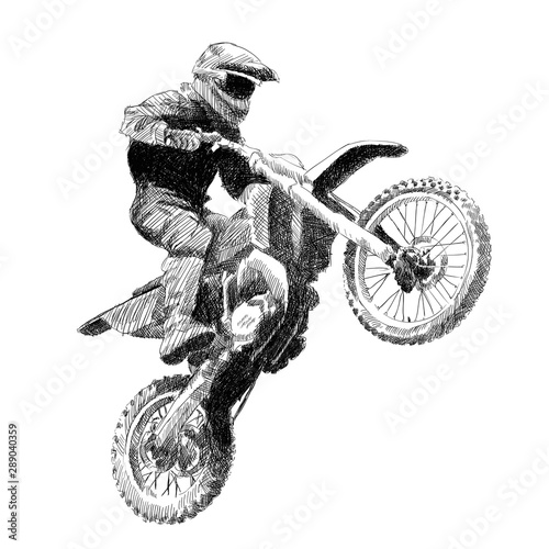 A motorcyclist on a sports motorcycle in a helmet flies from a springboard in the air.