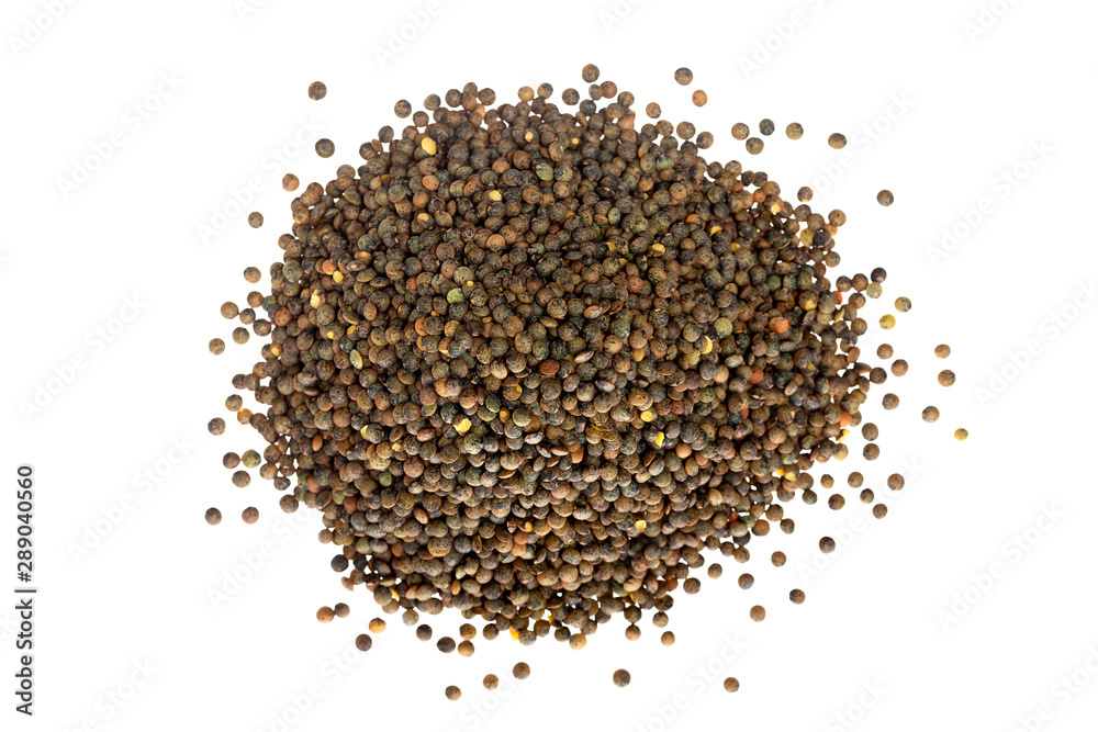 Top view macro image of brown lentils pile isolated at white background. Top view macro image of brown lentils pile isolated at white background.