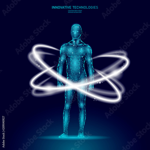 3D low poly human body HUD display doctor online. Future technology medicine laboratory web examination. Blood system disease diagnostics futuristic UI vector illustration