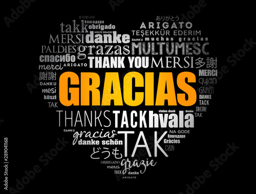 Gracias (Thank You in Spanish) love heart Word Cloud in different languages of the world photo