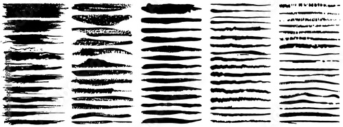 Vector large set of grunge ink brush strokes. Black artistic paint, hand drawn. Dry Brush Stroke elements collection isolated on white background. 