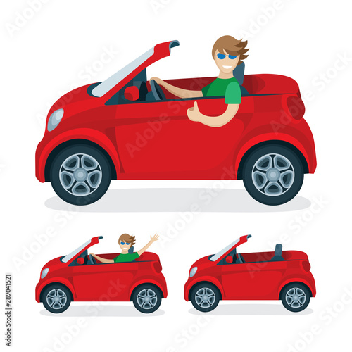 Car and driver vector flat illustrations set. Character in red cabriolet. Young happy driver man in different poses. Red mini car cabriolet. Part of set.