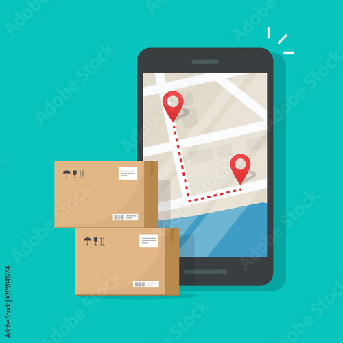 Parcel delivery tracking on cellphone or mobile phone vector, flat cartoon smartphone telephone with city map on screen and pin pointers destination location with packaging boxes, shipping logistic