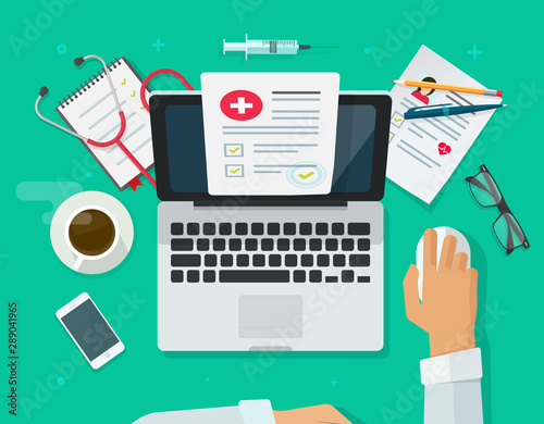 Doctor working on laptop researching medical record or insurance on desktop vector illustration, flat cartoon medic person or physician check report computer in hospital or clinic office table