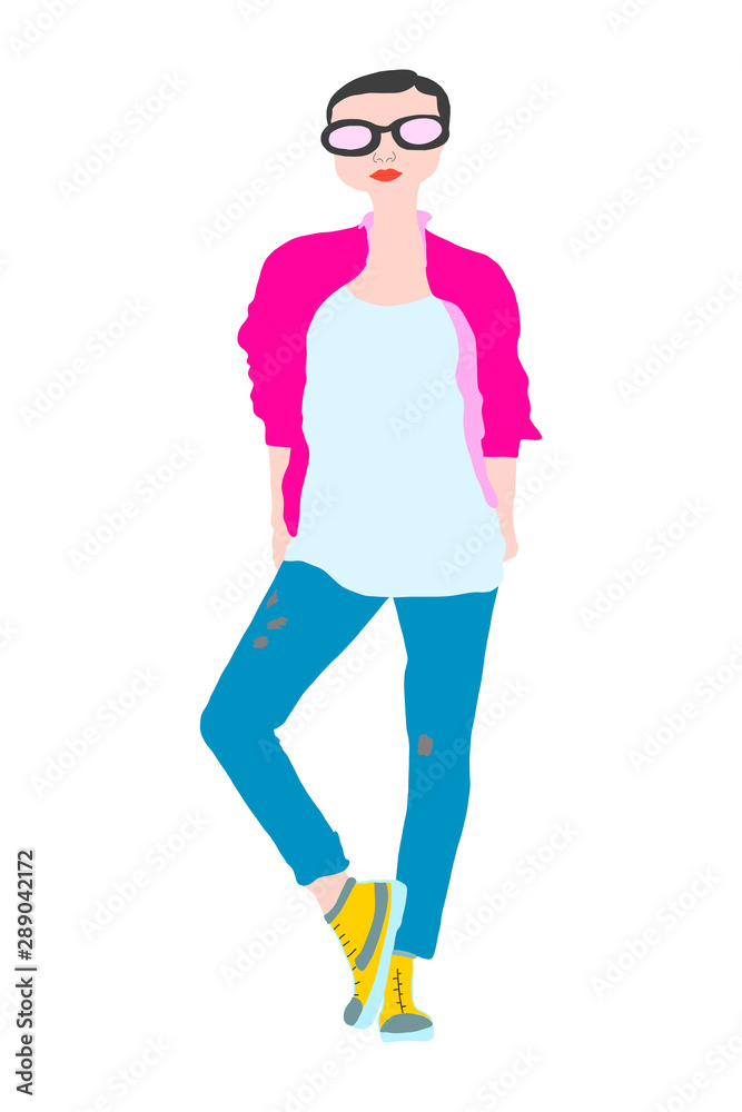girl model in blue ripped jeans sunglasses and bright pink jacket and yellow sneakers girl model in blue ripped jeans sunglasses and bright pink jacket and yellow sneakers
