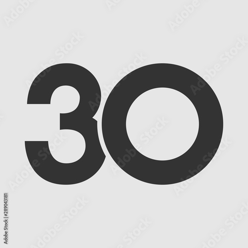 30 th anniversary numbers. 30 years old congrats, cut logotype. Congratulation idea. Isolated abstract graphic design template. Round shape digits. Up to 30% off discount. Anniversary logo concept.