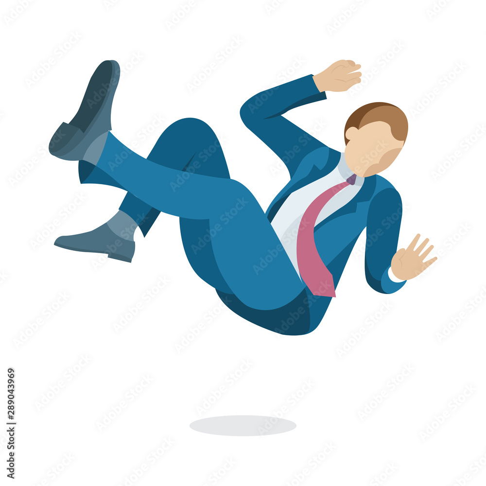 Businessman in is falling down. Man in corporate suit flies down. Failing businessman character. Flat style design vector illustration. Failure concept illustration. Part of set.
