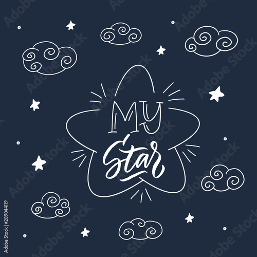 Magic illustration with hand lettering and doodles icon. Beautiful childish elements. Sweet dreams  sleep  cosmos  good night. Vector eps10  logotype. Isolated graphic. Modern linear.