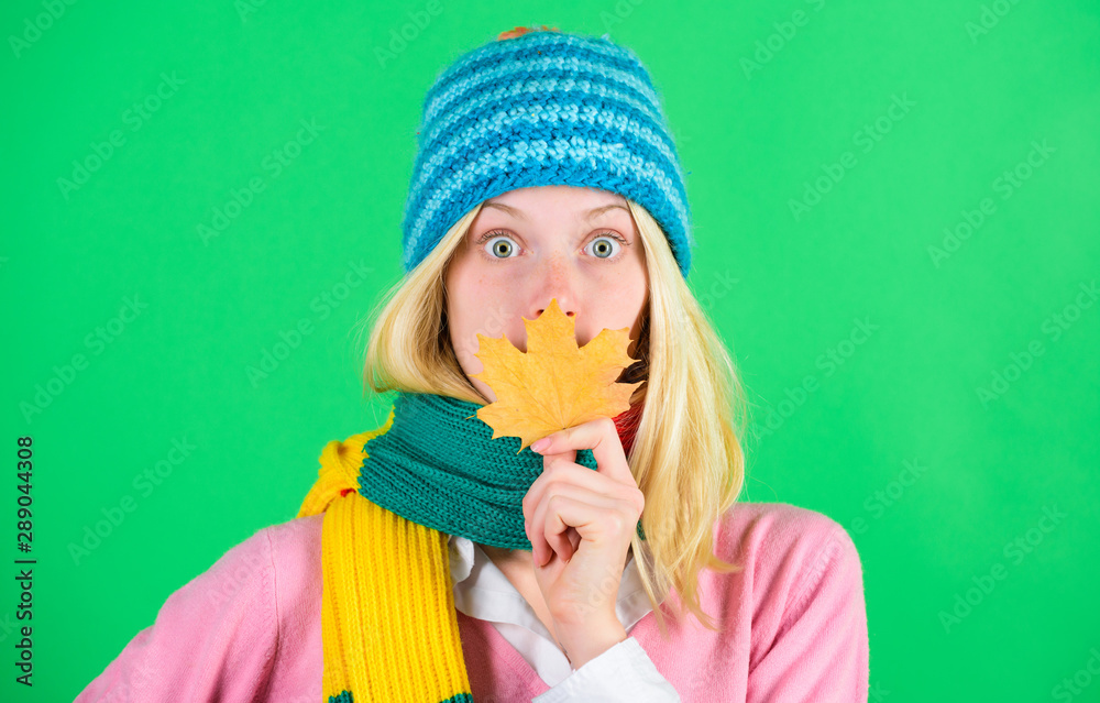Healthy skin. Woman cute face wear knitted hat hold fallen leaves. Time to rejuvenate and repair skin. Autumn skincare tips. Skincare and beauty tips. How to update your skincare routine for autumn Healthy skin. Woman cute face wear knitted hat hold fallen leaves. Time to rejuvenate and repair skin. Autumn skincare tips. Skincare and beauty tips. How to update your skincare routine for autumn