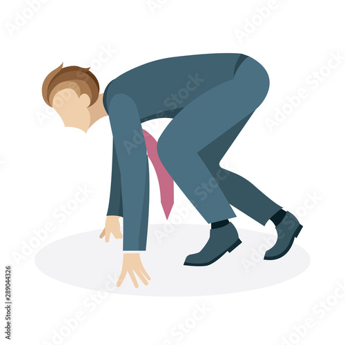 Businessman ready to sprint on start. Man in corporate suit in start position. Business man character on start up. Business man cartoon style vector illustration. Part of set. 