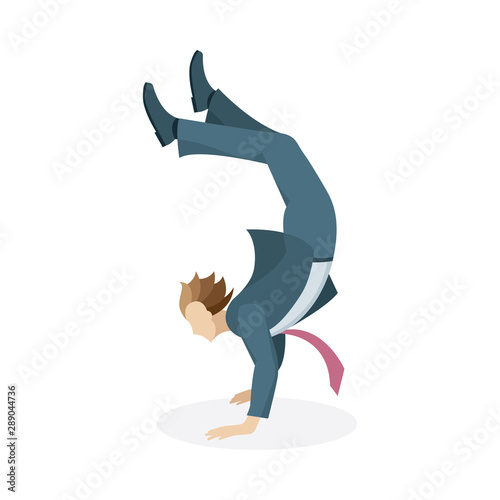 Happy businessman illustration. Business man character doing handstand. Man in corporate suit stand on his hands. Flat style design vector illustration. Part of set. 