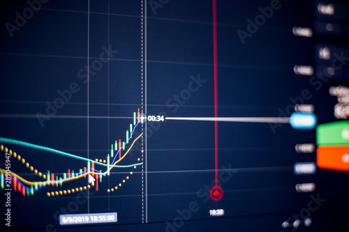 Forex and binary options conceptual ; Focused on candle chart and indicator display on timeframe 1minute with dark background