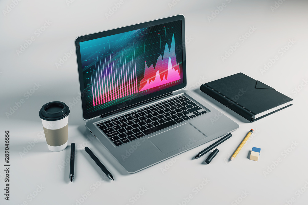 Laptop closeup with forex graph on computer screen. Financial trading and education concept. 3d rendering. Laptop closeup with forex graph on computer screen. Financial trading and education concept. 3d rendering.
