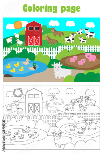 Farm with animals, cartoon style, coloring page, education paper game for the development of children, kids preschool activity, printable worksheet, vector illustration