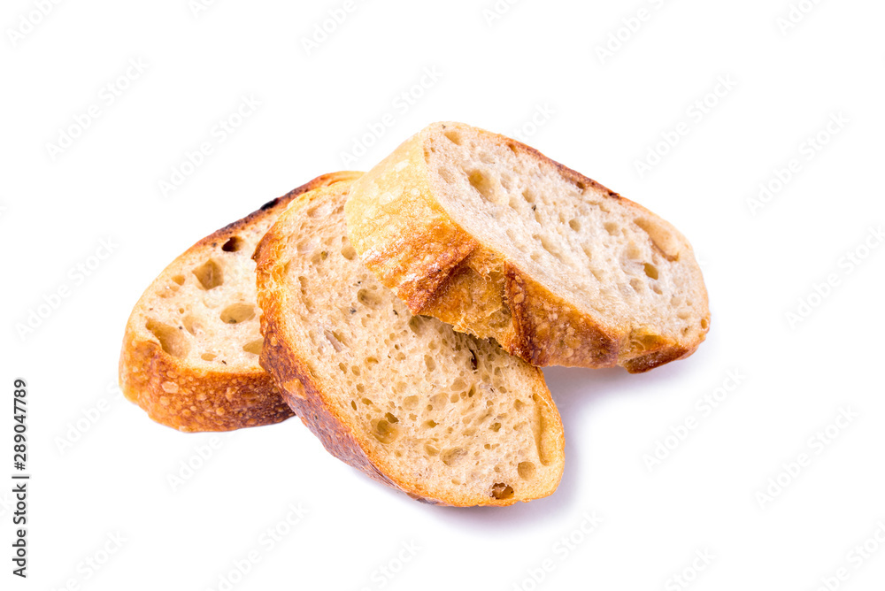 Three pieces of white bread on a white background.