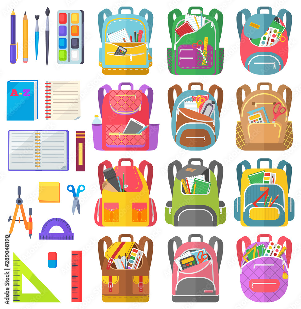 School bag set, notebook and sticker, dividers and scissors, ruler and tassel with pencil. Eraser and pen label on white, office object and backpack vector. Back to school concept. Flat cartoon School bag set, notebook and sticker, dividers and scissors, ruler and tassel with pencil. Eraser and pen label on white, office object and backpack vector. Back to school concept. Flat cartoon
