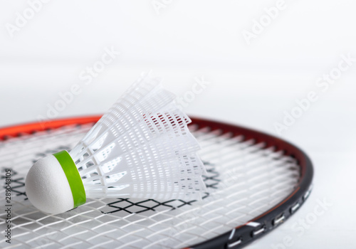 A badminton shuttle on a racket