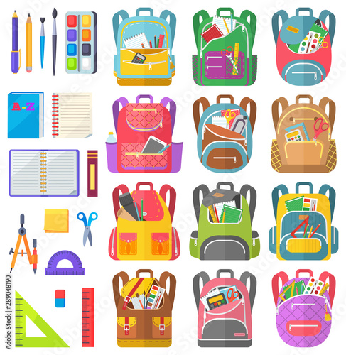 School bag set, notebook and sticker, dividers and scissors, ruler and tassel with pencil. Eraser and pen label on white, office object and backpack vector. Back to school concept. Flat cartoon