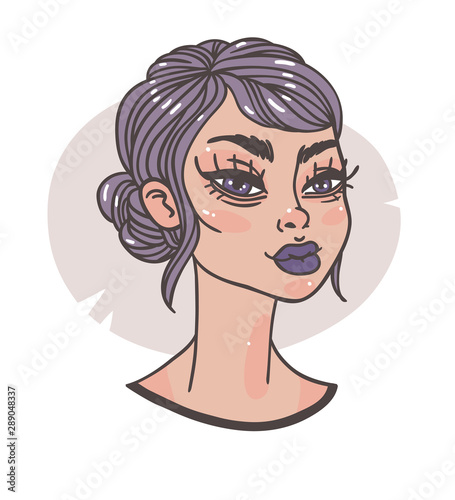 Hand Drawn portrait Stylish Woman. Beautiful Fashion Illustration face on white background. Doodle Vector pattern attractive Teenager Girl
