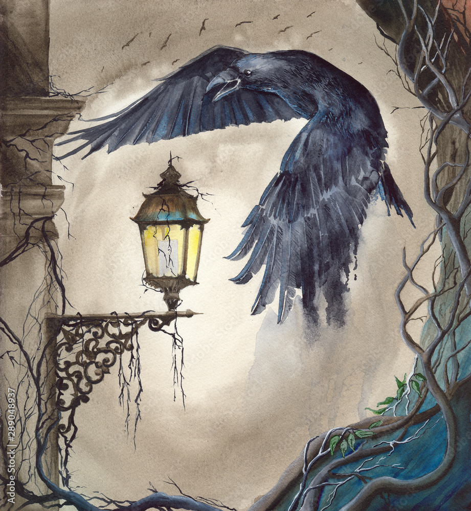 Watercolor picture of the raven flying over a lit lantern on the pillar  with gnarled old tree on the background Stock Illustration | Adobe Stock