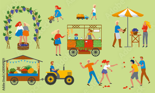 Assortment of vegetables and fruit on harvest festival in europe. People drinking and eating, playing with tomatoes, vineyard and market place. Funny spending time on harvest festival. Flat cartoon