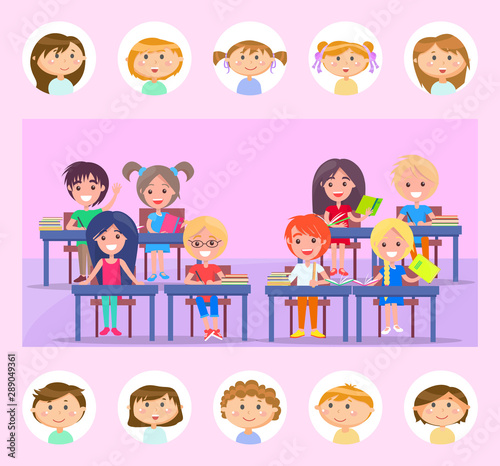 Smiling pupils sitting at table with books, kids reading literature, pink classroom. Round stickers of girls and boys, classmate portrait view vector. Back to school concept. Flat cartoon
