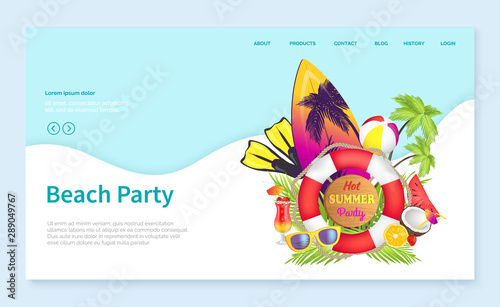 Beach party vector, summer vacation by coast, surfing board with palms and lifebuoy, coconut and sunglasses, surfboard hobby. Swimsuit cocktail. Website or webpage template, landing page flat style