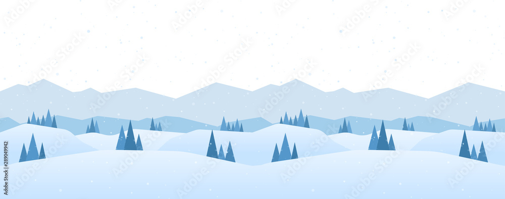 Winter snowy Mountains landscape with pines and hills.