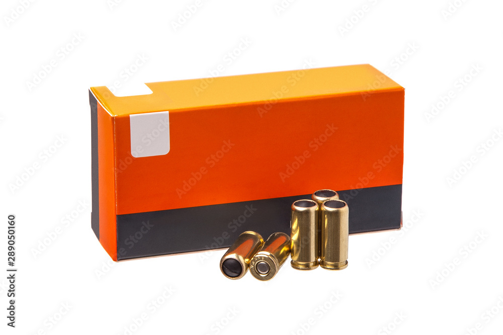 Box of cartridges for a traumatic gun isolate on a white background