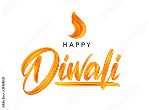 Hand drawn calligraphic brush stroke colorful paint lettering of Happy Diwali with fire flame