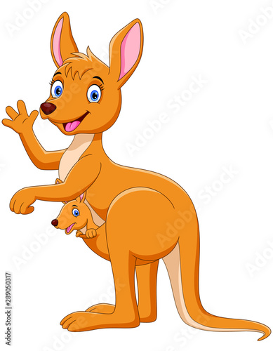 Cartoon mother kangaroo with a cute baby isolated on white background