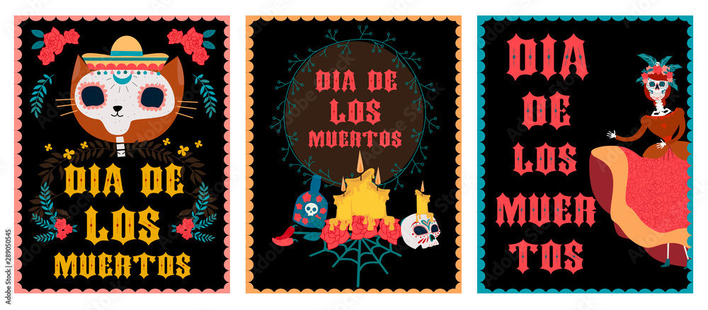 Day of the dead festival posters set with skeleton. Mexican traditional holiday. Mexican wording translation: 