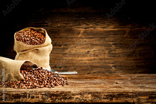 Fresh coffee grains in brown sack and free space for your decoration. 
