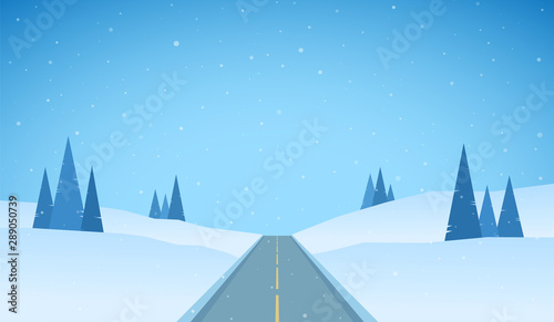 Winter flat snowy landscape with road, pines and hills.