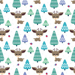 Fototapete Rehkitz-Muster Rehe Vögel Weihnachten Buntes Kindermuster  © olga_a_belova