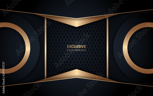 Abstract dark blue overlap layer background with luxury golden line and glitters decoration. Vector design template for use frame, banner, modern cover, advertising, invitation
