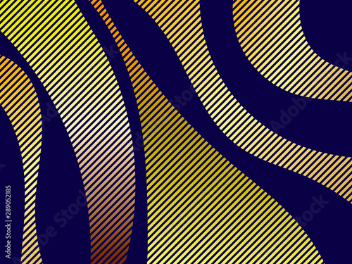 Striped waves with golden gradient on black background. Modern trend background. Vector illustration