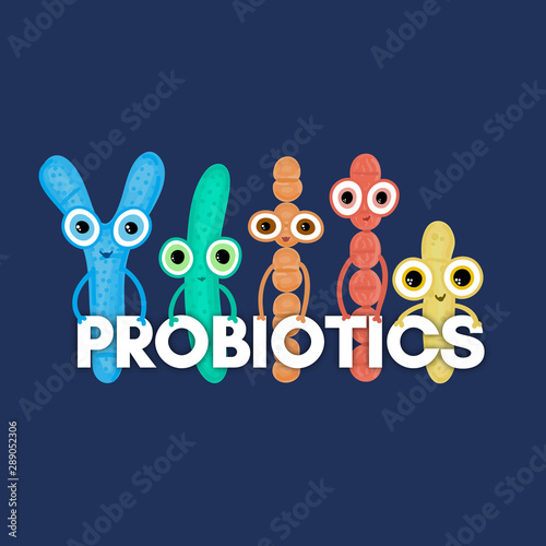 Probiotics. Lactic acid bacterium. Bifidobacterium, lactobacillus, streptococcus thermophilus, lactococcus, propionibacterium Microbiome. Microbiota. Cute characters. Gastrointestinal health. Vector