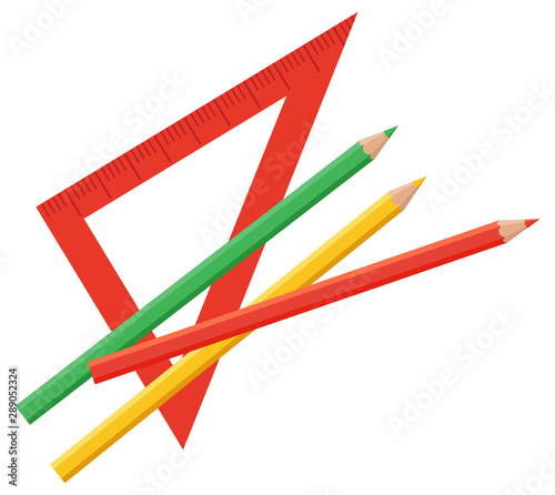 Triangle ruler for measurement length of figures and elements. Also straightedge for drawing straight lines using pencils beside. People use it all in architecting and geometry photo