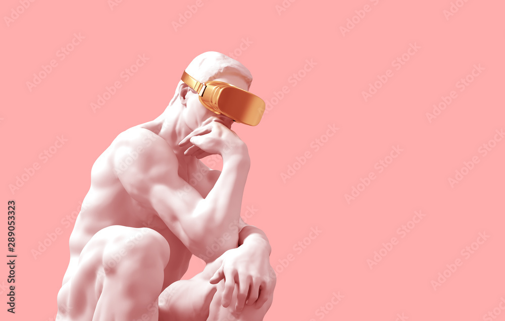Naklejka Myśliciel rzeźby ze złotymi okularami VR na różowym tle