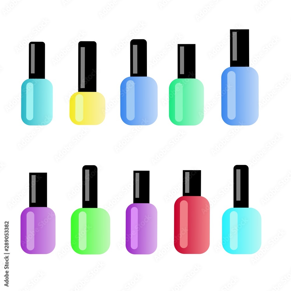 illustration. A large set of bottles. Bottles with nail polish. Red, blue and purple, yellow, green. illustration. A large set of bottles. Bottles with nail polish. Red, blue and purple, yellow, green.