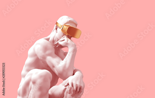 Sculpture Thinker With Golden VR Glasses Over Pink Background