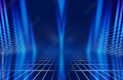 Empty background scene. Dark street reflection on wet asphalt. Rays of neon light in the dark, neon shapes, smoke. Background of an empty stage show. Abstract dark background. 3d illustration
