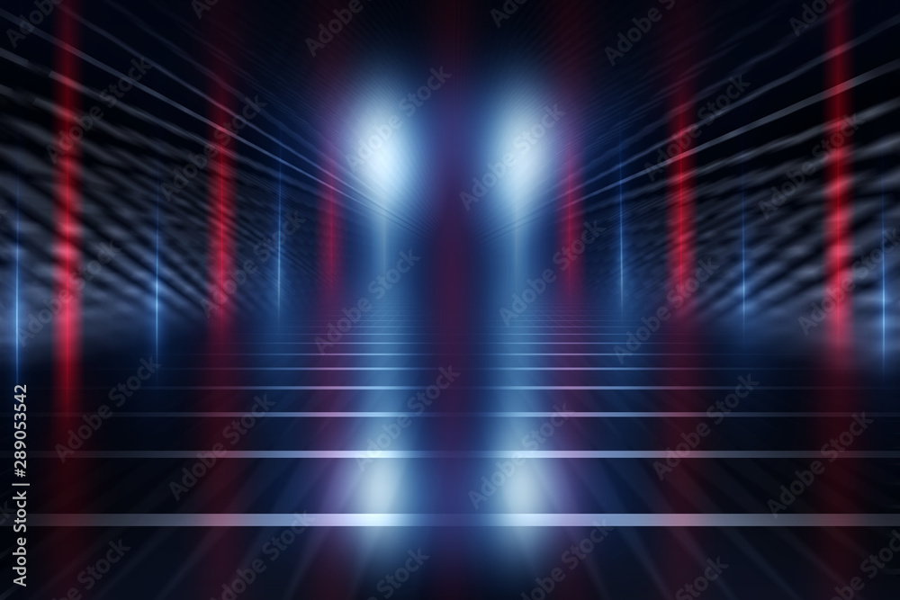 Empty background scene. Dark street reflection on wet asphalt. Rays of neon light in the dark, neon shapes, smoke. Background of an empty stage show. Abstract dark background. 3d illustration